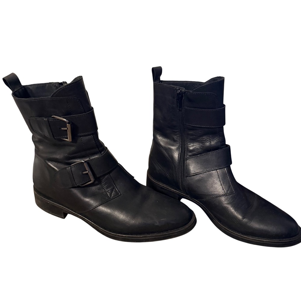 Emanuele Crasto Black Leather Double Buckle Moto Biker Boots Made in Italy 41